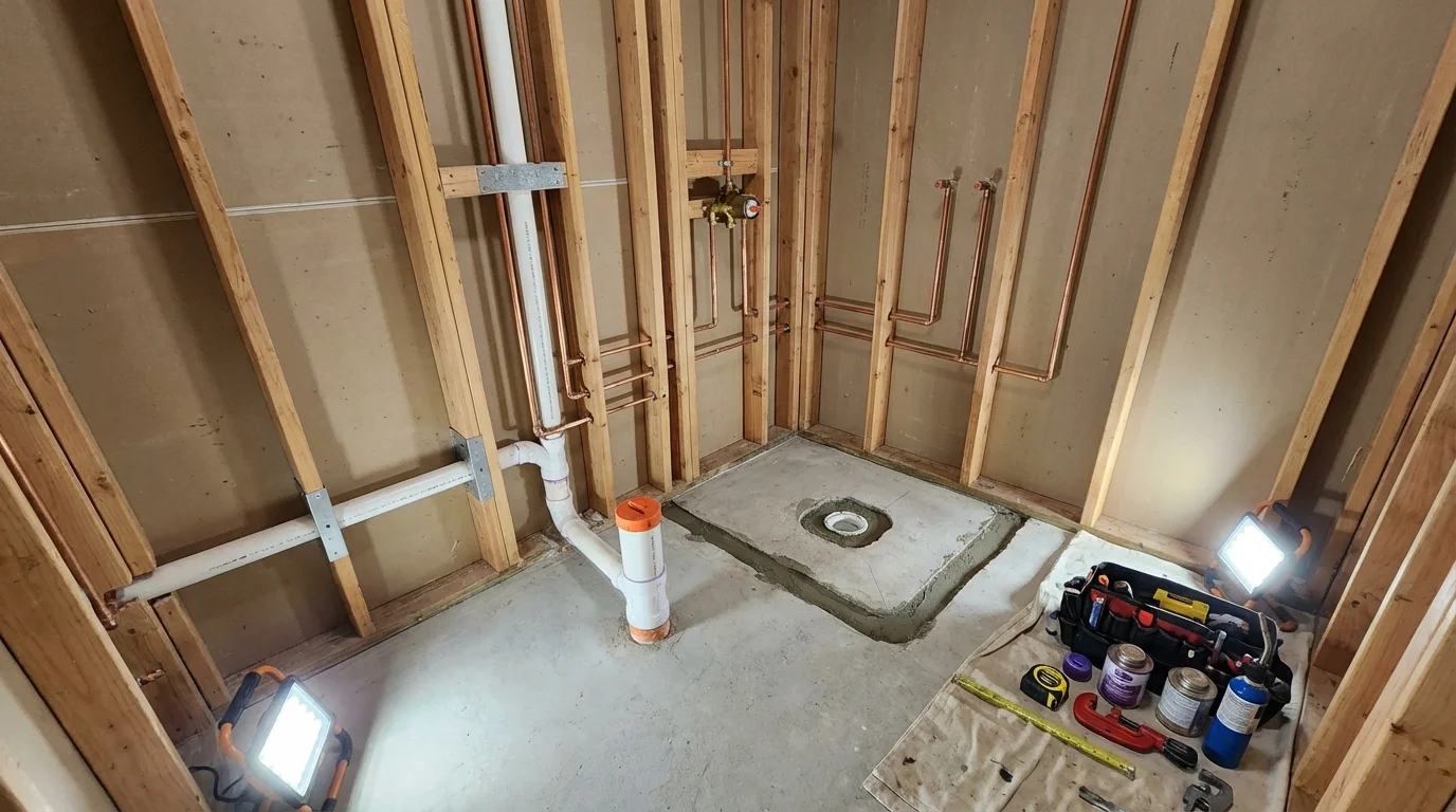 Bathroom rough-in plumbing during remodel by Johns Plumbing LLC in Whitehall