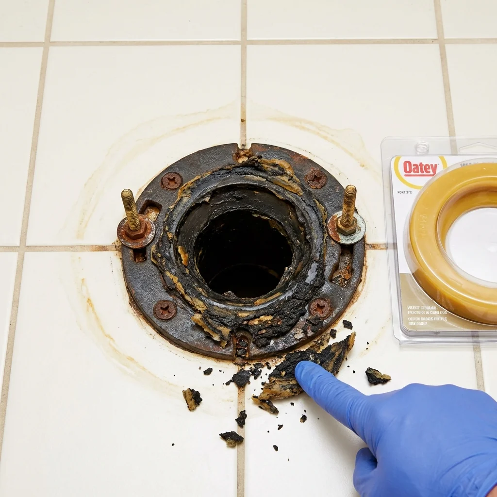 Failed wax ring showing water seepage at the base of a toilet in a Whitehall, MT home